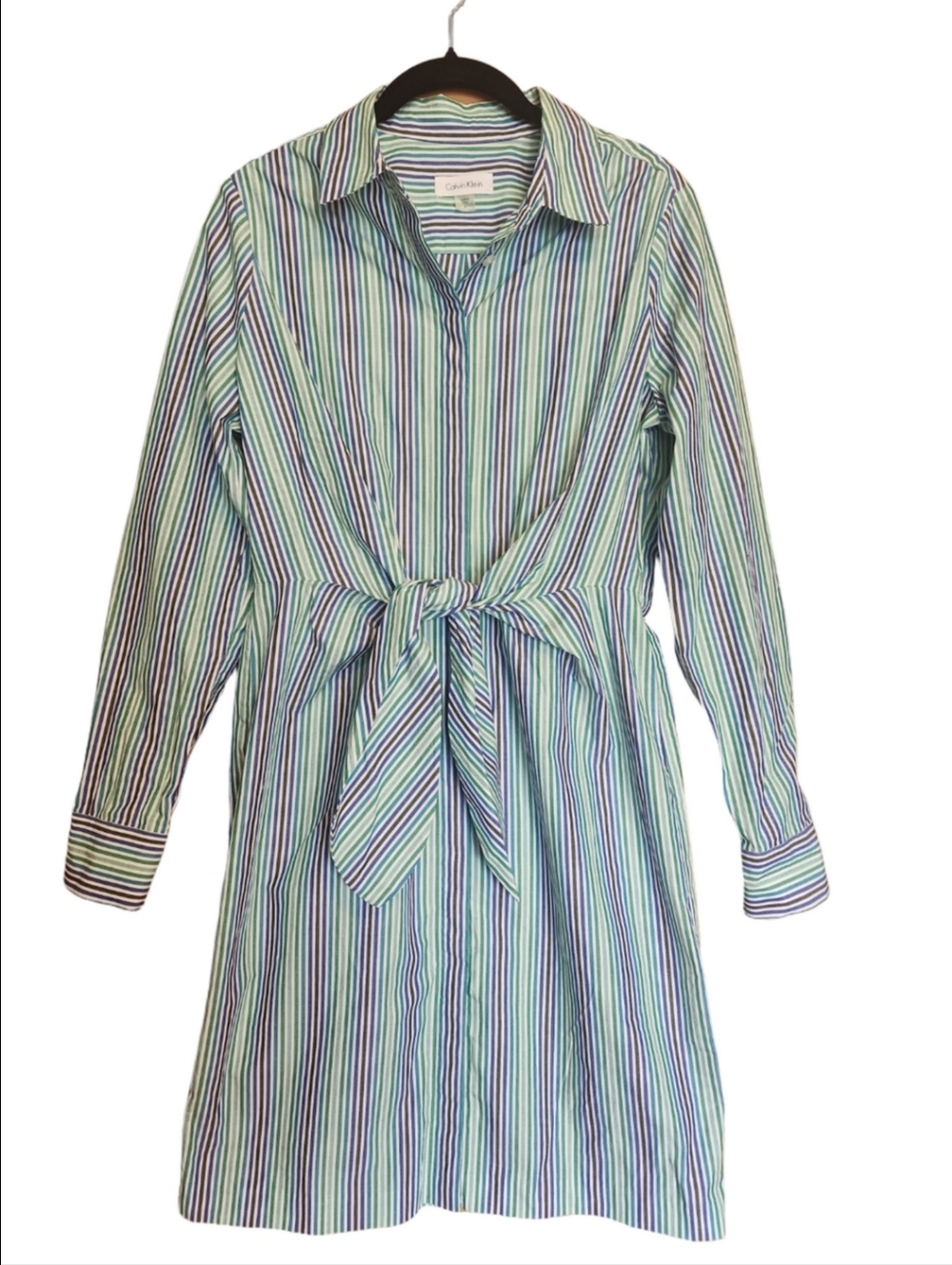 CALVIN KLIEN LONG SLEEVE PINSTRIPE TIE FRONT COTTON SHIRT DRESS SIZE 6 NWOT